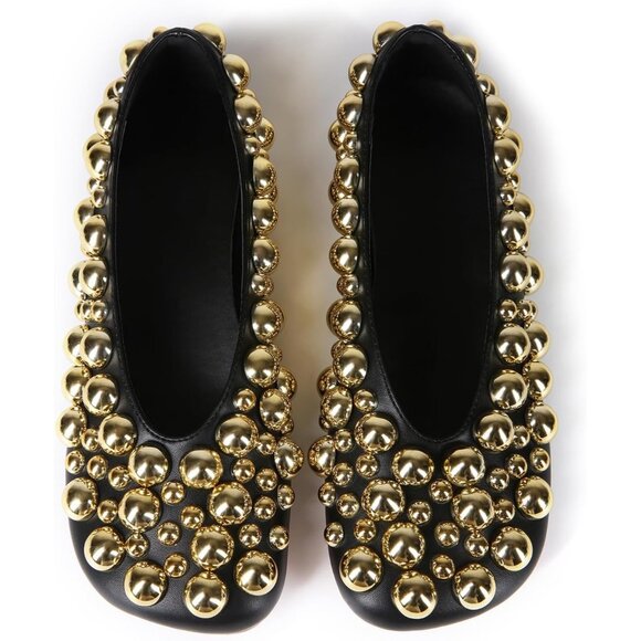 Women's Black Ballet Flats Mesh Gold Pearl Dress Shoes Work Party Everyday - Picture 1 of 7